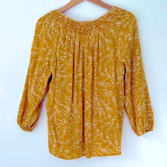 Flowy Gold yellow top with smocking, ruched neckline, tassel tie, soft top - Picture 7 of 7